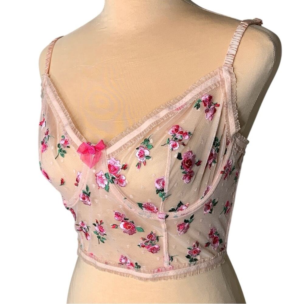 INC Embroidered Rose Sheer Mesh Bustier Corset Bra L Large Pink Coquette Top